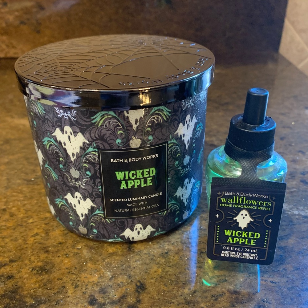 NEW!!! Bath and Body Works Wicked Apple Three Wick Candle and Wallflowers Refill